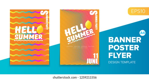 Vector electronic music summer party poster background. club party flyer or creative banner with abstract waves and fresh lemon. Hello summer party design template