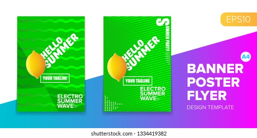 Vector electronic music summer party poster background set. Green club party flyer or creative banner with abstract waves and fresh lemon. Hello summer party design template