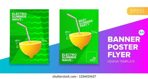 Vector electronic music summer party poster background set. Green club party flyer or creative banner with abstract waves and fresh lemon. Hello summer party design template
