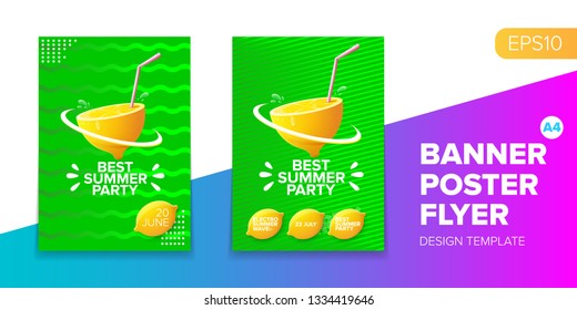 Vector electronic music summer party poster background set. Green club party flyer or creative banner with abstract waves and fresh lemon. Hello summer party design template