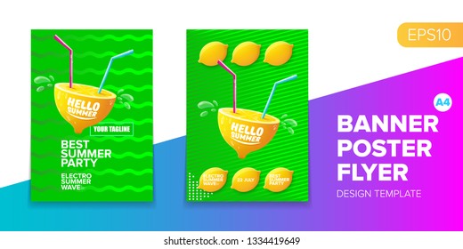 Vector electronic music summer party poster background set. Green club party flyer or creative banner with abstract waves and fresh lemon. Hello summer party design template