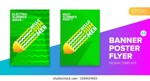Vector electronic music summer party poster background set. Green club party flyer or creative banner with abstract waves and fresh lemon. Hello summer party design template