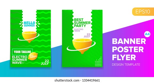 Vector electronic music summer party poster background set. Green club party flyer or creative banner with abstract waves and fresh lemon. Hello summer party design template