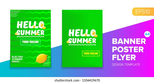 Vector electronic music summer party poster background set. Green club party flyer or creative banner with abstract waves and fresh lemon. Hello summer party design template