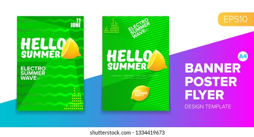 Vector electronic music summer party poster background set. Green club party flyer or creative banner with abstract waves and fresh lemon. Hello summer party design template