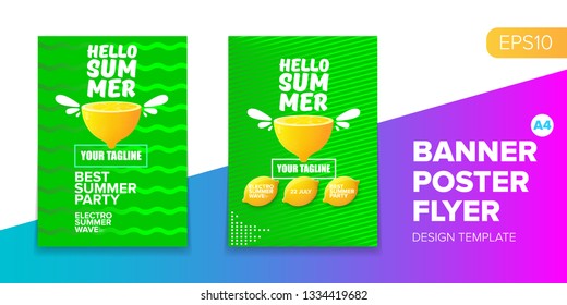 Vector electronic music summer party poster background set. Green club party flyer or creative banner with abstract waves and fresh lemon. Hello summer party design template