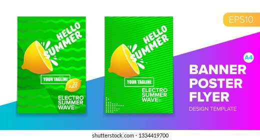 Vector electronic music summer party poster background set. Green club party flyer or creative banner with abstract waves and fresh lemon. Hello summer party design template
