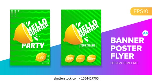 Vector electronic music summer party poster background set. Green club party flyer or creative banner with abstract waves and fresh lemon. Hello summer party design template