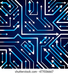 Vector electronic pattern with microchip scheme with multidirectional arrows, luminescent circuit board, high tech futuristic background. Digital connections, flash effect.
