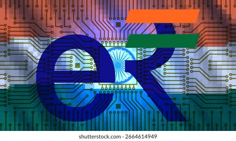 Vector electronic symbol Indian digital rupee. Virtual cryptocurrency of Republic of India. Erupee. Pixel flag, computer chip. Economics and finance of Bharat. Transactions technology