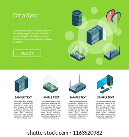 Vector electronic system of data center icons landing page template illustration