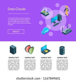 Vector electronic system of data center icons landing page template illustration