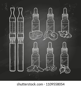 Vector electronic vape pen with juice to fill on a chalkboard