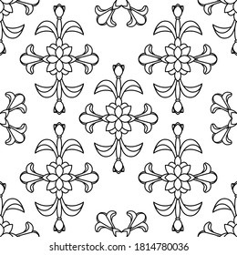 Vector elegan ornate tile seamless pattern. White and black background Retro hindu monochrome motif