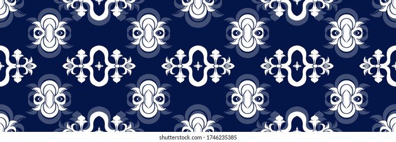 Tela vectorial elegante ornamenta un patrón impecable. Ornamento blanco sobre fondo azul elegante de lujo Motivo monocromo hindú retro