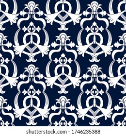 Tela vectorial elegante ornamenta un patrón impecable. Ornamento blanco sobre fondo azul elegante de lujo Motivo monocromo hindú retro
