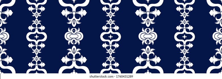 Vector elegan tile ornate seamless pattern. White ornament on luxury elegant blue background Retro hindu monochrome motif