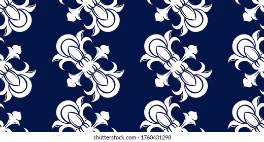 Vector elegan tile ornate seamless pattern. White ornament on luxury elegant blue background Retro hindu monochrome motif