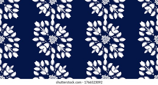 Vector elegan tile ornate seamless pattern. White ornament on luxury elegant blue background Retro hindu monochrome motif