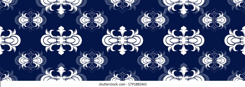 Vectorelegan Fliesen ornieren nahtlose Muster. Weißer Ornament auf luxuriös-elegantem, blauem Hintergrund Retro-Hintertufmotiv