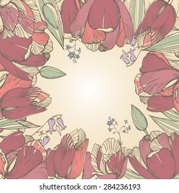 Vector elegance floral background with graphic spring flowers (tulips) in vintage style.Template for greeting card