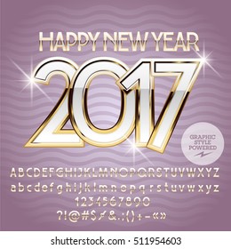 Vector elegance Happy New Year 2017 greeting card with set of letters, symbols and numbers. File contains graphic styles