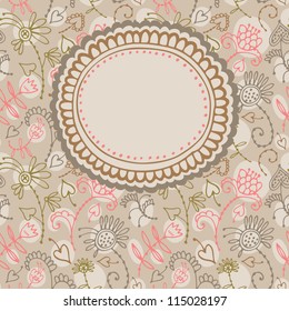Vector elegance invitation card with flowers. Texture behind the circle panel is complete and seamless