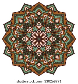 Vector, elegance mandala in green and brown colors on a white background. You can use this pattern in the design of carpet, cushion, textile. Sketch of tattoo. Oriental decorative element. 