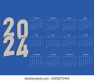  Vektor elegante 2024-Wand-Kalender-blaue Vorlage eine vollständige Seite Design-Vektorgrafik