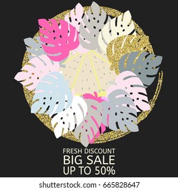 Vector elegant advertising poster. Pink, grey, golden, white up to 50% big sale banner. Luxurious rich seasonal discount design with monstera leaves. Exotic tropical leaves with an orange and frame ad