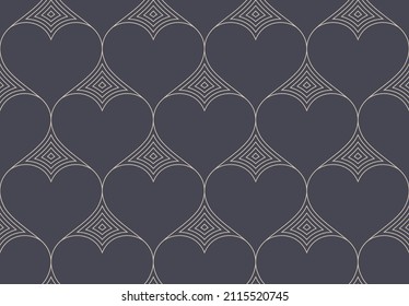 Vector Elegant Art Deco Linear Hearts Lattice Seamless Pattern Abstract Vintage Wallpaper. Outline Heart Graphic Love Symbol Repetitive Subtle Structure. Valentine's Day Repetitive Art Illustration.