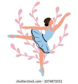 Vector elegant ballerina in a blue tutu dress dancing on pointe shoes. Female beautiful classic theater dancer character on isolated background. Ballet dancer illustration