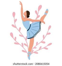 Vector elegant ballerina in a blue tutu dress dancing on pointe shoes. Female beautiful classic theater dancer character on isolated background. Ballet dancer illustration