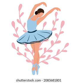 Vector elegant ballerina in a blue tutu dress dancing on pointe shoes. Female beautiful classic theater dancer character on isolated background. Ballet dancer illustration