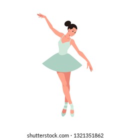 Vector elegant ballerina in green tutu dress, dancing on pointe shoes. Female beautiful classic theater dancer character on isolated background. Ballet artist illustration
