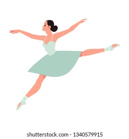 Vector elegant ballerina in green tutu dress, dancing on pointe shoes jumping. Female beautiful classic theater dancer character on isolated background. Ballet artist illustration