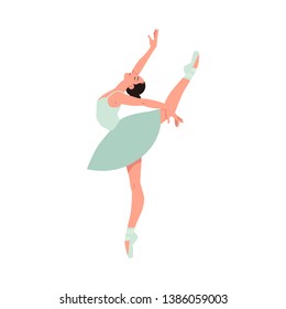 Vector elegant ballerina in green tutu dress, dancing on pointe shoes. Female beautiful classic theater dancer character on isolated background. Ballet artist illustration