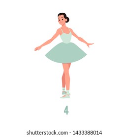 Vector elegant ballerina in green tutu dress, showing ballet positions, element dancing on pointe shoes. Female beautiful classic theater dancer character isolated. Ballet artist illustration