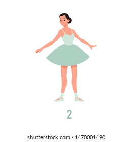 Vector elegant ballerina in green tutu dress, showing ballet positions, element dancing on pointe shoes. Female beautiful classic theater dancer character isolated. Ballet artist illustration