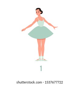 Vector elegant ballerina in green tutu dress, showing ballet positions, element dancing on pointe shoes. Female beautiful classic theater dancer character isolated. Ballet artist illustration