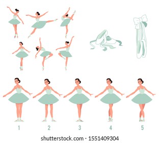 Vector elegant ballerina in green tutu dress, dancing on pointe shoes set. Female beautiful classic theater dancer character on isolated background. Ballet artist illustration