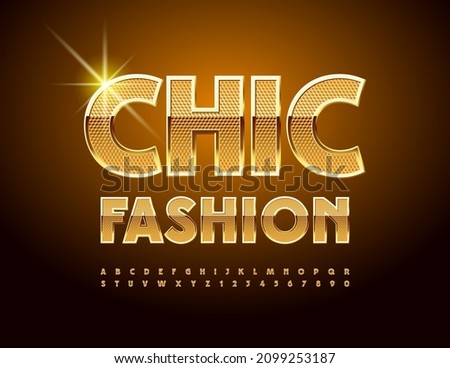 Vector elegant banner Chic Fashion. Textured Gold Font. Modern stylish Alphabet Letters and Numbers set