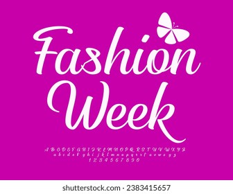 Vector elegant banner Fashion Week with decorative Butterfly. Set of stylish Alphabet Letters and Numbers. White cursive Font