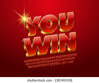 Vector elegant banner You Win with 
 3D luxury Font. Red and Golden Alphabet Letters, Numbers and Symbols