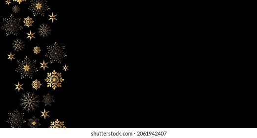 Vector. Elegant black Christmas background with shiny golden snowflakes. Festive banner, frame from golden snowflakes. Copy space for text. Merry Christmas and Happy New Year. Dark background.