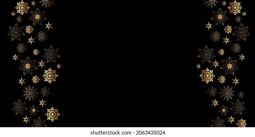 Vektorgrafik. Eleganter schwarzer Weihnachtshintergrund mit glänzenden goldenen Schneeflocken. Festlicher Banner, Rahmen aus goldenen Schneeflocken. Leerzeichen für Text kopieren. Frohe Weihnachten und glückliches neues Jahr. Dunkler Hintergrund.