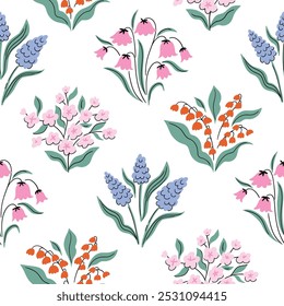 Vector elegant botanical seamless pattern. Classical vintage bouquet on whiter background. preppy floral print design for fabric , wallpaper or wrapping paper.