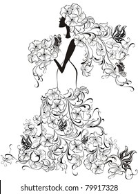 Vector elegant bride, hair and dress decorated with flowers