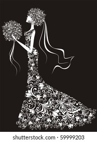 Vector elegant bride, hairdress and dress decorated with flowers