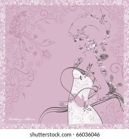 Vector elegant bride, hairdress and dress decorated with flowers (cover of a wedding album)
Silhouette of a beautiful and elegant woman in white dress (print t-shirt - vector)